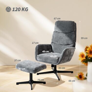 Крісло-реклайнер з підніжкою, крісло з високою спинкою, крісло для відпочинку з функцією гойдання, лляний вигляд, металева основа, м&39яке крісло для вітальні, спальні, сірий
