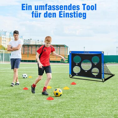 Футбольні ворота, стіна-мішень для дітей, вуличні футбольні ворота для дітей зі стіною-мішенню, висувні ворота 3-в-1 з 5 лунками для стрільби та сумкою для перенесення, кілки для землі, 3 мішені та 6 перешкод, сині