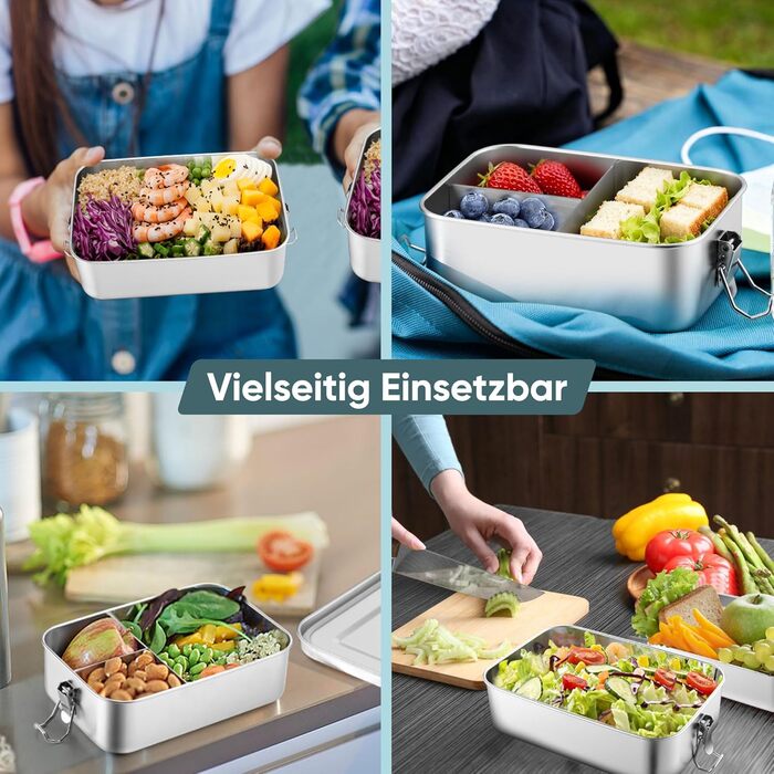 Ланчбокс Joyfair з нержавіючої сталі, бенто-бокс з 3 відділеннями, герметичний контейнер для їжі для дорослих та дітей, металева коробка для сніданку/обіду для школи, пікніка та подорожей, можна мити в посудомийній машині 850 мл