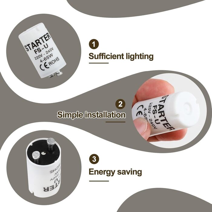 Універсальний стартер для люмінесцентних ламп, Longlife 220-240V, стартер для люмінесцентних ламп, люмінесцентна лампа, надійний і безпечний стартер, 6 Pack Starter Fluorescent Tubes 4-65 W