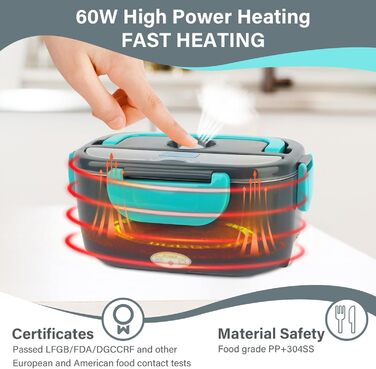 Електричний ланчбокс VMUTGA 1,5 л, 60 Вт, з підігрівом від 12В/24В/220В. Термоконтейнер для гарячих обідів з сумкою, виделкою та ложкою з нержавіючої сталі для автомобіля, вантажівки, офісу.