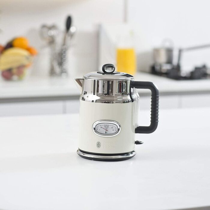 Чайник Russell Hobbs 1,7 л, 2400 Вт ретро кремовий та полірована нержавіюча сталь (функція швидкого закипання, індикатор температу