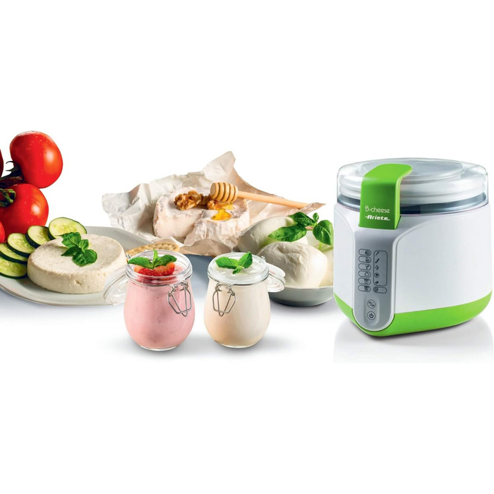 Машина для сиру та йогурту з 6 програмами, м'яка на дотик панель керування, контейнер 500 мл з антипригарним покриттям, максимальна температура 90C, включаючи книгу рецептів, 500 Вт, білий/зелений, 615