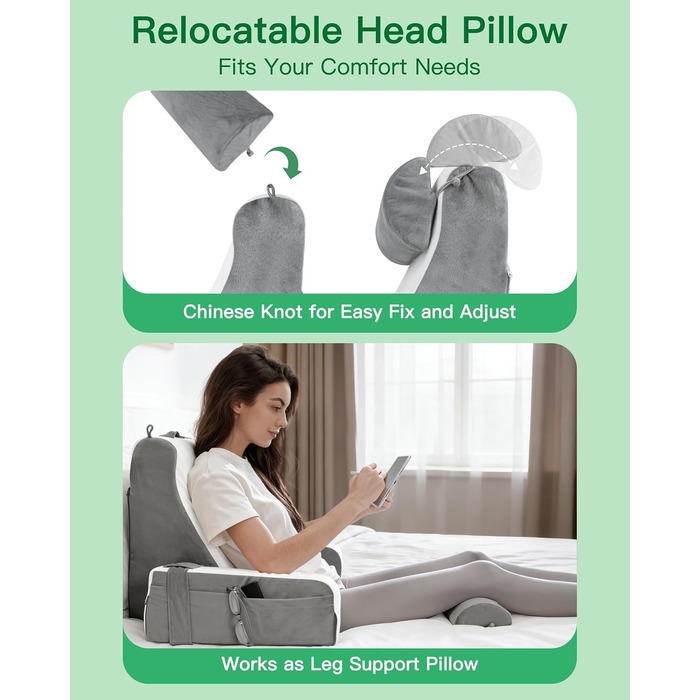 Подушка для читання для ліжка та дивана, подушка для книги зі знімним потиличним валиком та підлокітником, подушка для спини ліжка, настінна подушка, багатофункціональна клиноподібна подушка для читання, роботи, перегляду телевізора