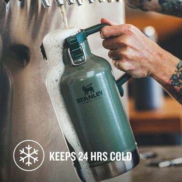 Термос Stanley Classic Easy-Pour Growler 1,9 літра - Зберігає пиво холодним та свіжим протягом 24 годин - Термос з нержавіючої сталі - Герметичний - Можна мити в посудомийній машині - Зелений колір Hammertone