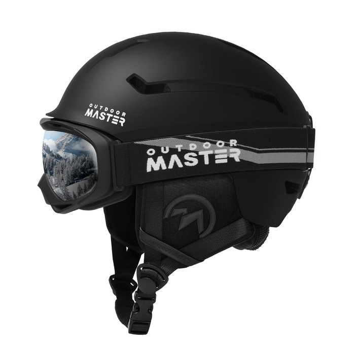 Комплект лижних шоломів OutdoorMaster, шолом для сноуборду з окулярами для дорослих - 12 вентиляційних отворів - лижні шоломи для чоловіків, жінок та дітей, матово-чорний, розмір L (58-61 см)
