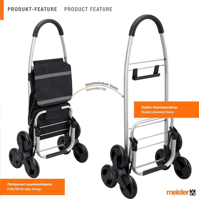 Чорний складаний візок для покупок Meister, 54 5 л подолання 3-х сходинок з термосумкою знімний водонепроникний мішок з гачком для кріплення до візка