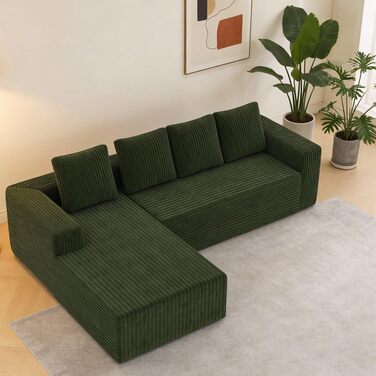 Кутовий диван, 4-місний диван, 3-місний диван, модульний компресійний диван з L-подібним шезлонгом, не потребує складання (плюс вельветова тканина) (зелений)