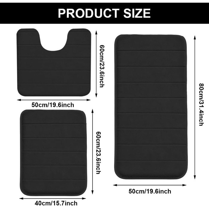 Комплект килимків для ванної кімнати, 3 предмета, килимок для ванної з нековзною підкладкою, м&39який килимок для душу, килимок, що миється та швидко сохне, для душу, туалету та ванни, 50x80 U-подібний 50x60 40x60 см (чорний)