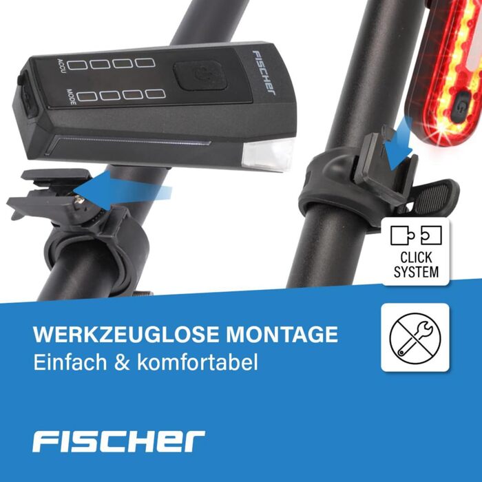 Комплект освітлення для велосипеда Fischer 80/40/20 люкс, комплект ліхтарів на батарейках, стоп-сигнал, передній та задній ліхтарі, з батарейками та функцією заряджання через USB, 3 функції освітлення, захист від бризок згідно з IP44, схвалено StVZO