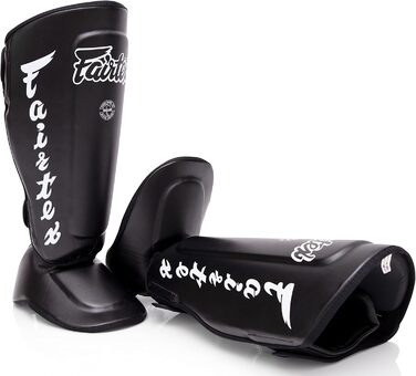 Щитки для гомілок Fairtex SP7 для муай-тай для чоловіків, жінок та дітей Виготовлені зі шкіри Syntek, високоякісні, легкі та міцні Знімний захист гомілки та стопи, чорні, розмір L