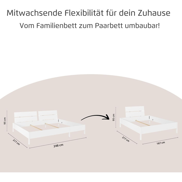Сімейне ліжко, ліжко, багатомісне ліжко, спальна зона 270x200 см для сну з родиною, колір білий, 278x95x217 см, дерев&39яне узголів&39я 270x200 см