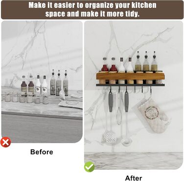 Дерев&39яна настінна підставка для спецій для кухні, підвішується на 6 гачках, вища та ширша, з горіховим покриттям. Органайзер для спецій, не потребує свердління, шурупи в комплекті.