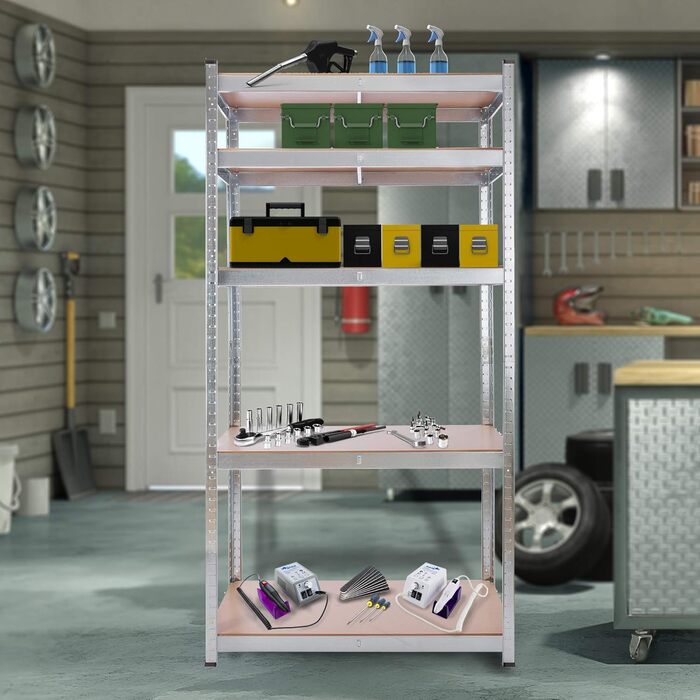 Комплект міцних полиць Arebos з 2 предметів 180 x 90 x 40 см Вантажопідйомність 875 кг Товщина 0,63 мм 5 регульованих полиць з МДФ Полиця для зберігання, полиця для підвалу, полиця без болтів, полиця для майстерні Оцинковане срібло