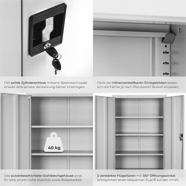 Картотечна шафа tectake, 180 x 90 x 40 см, офісна шафа, що замикається, багатоцільова сталева шафа, універсальна шафа, з 2 дверима, включаючи 5 полиць з регульованою висотою, картотечна шафа, що замикається - сіра