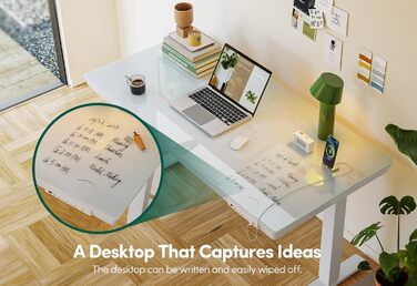 Електричний стіл FEZIBO для роботи стоячи зі скляною стільницею, регульована висота, 140 x 60 см, стіл для домашнього офісу, з портами зарядки USB-A-C, біла рама/біла стільниця