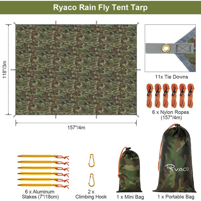 М Водонепроникний брезент Ультралегкий з люверсами 6 кілочків 6 мотузок, анти-ультрафіолетовий захист від снігу дощу Легкий компактний для гамака кемпінгу піших прогулянок пікніків подорожей на природі Камуфляж, 3x4