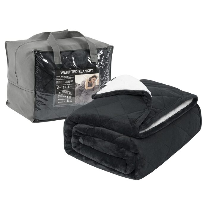 Обтяжена ковдра WOLTU, терапевтична ковдра для дорослих, двостороння обтяжена ковдра зі скляними намистинами, антистресова, пухнаста, виготовлена з шерпа фланелі, 11 кг, 150 x 200 см, чорна 150x200 см 11 кг антрацит