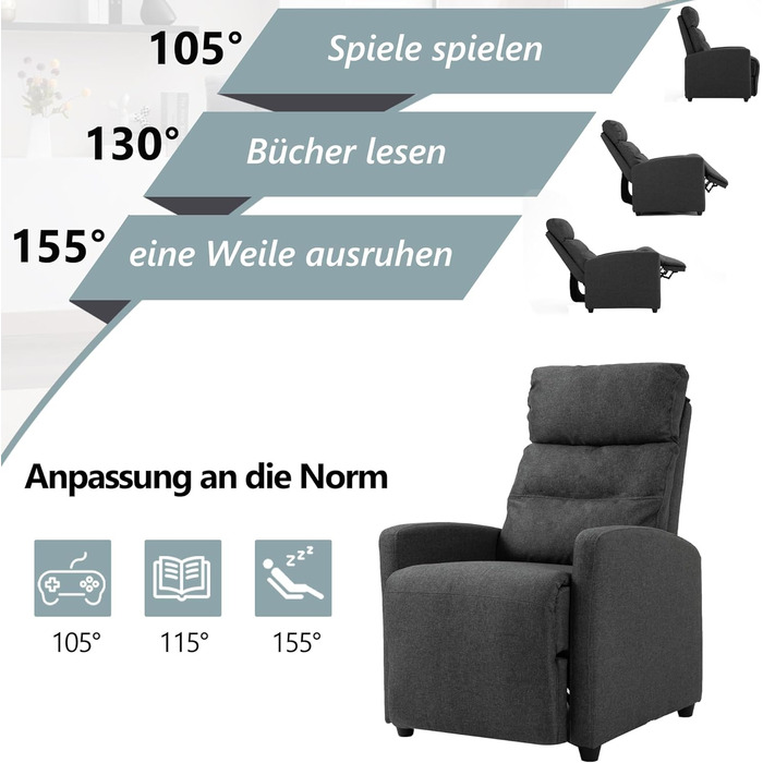 Крісло-реклайнер Mingone з функцією відкидання, сучасне тонке крісло-гойдалку з функцією відкидання на 155, витримує вагу до 150 кг, виготовлене з лляної тканини, темно-сірий колір