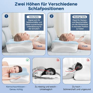 Подушка для шиї з піни з ефектом пам&39яті, ергономічна подушка з підтримкою шиї для сну на боці, спині та животі зі знімним чохлом, синя, 64 38 13 см