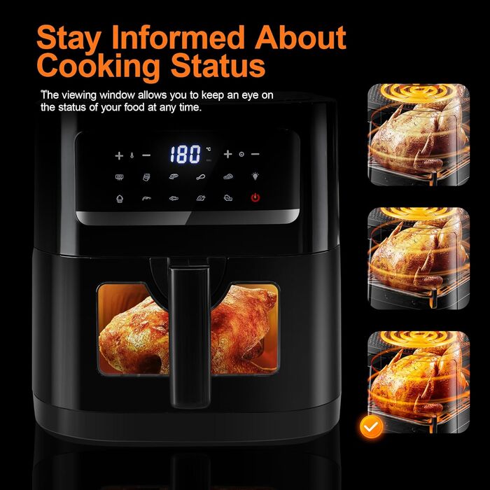 Аерофритюрниця Фритюрниця з оглядовим вікном, Emphsism Airfryer XXL 7L 1700W з цифровим світлодіодним сенсорним екраном, 10 програм, фритюрниця гаряче повітря без жиру, функція підігріву та вбудоване освітлення