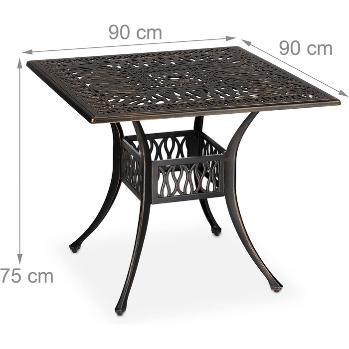 Садовий стіл Relaxdays з отвором для парасольки, античний вигляд, литий алюміній, 75 x 90 x 90 см, прямокутний балконний стіл, чорний/бронзовий