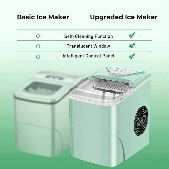 Машина для виробництва кубиків льоду Міні портативна, 15 кг / 24 год, компактна стільниця машини для виробництва кубиків льоду, 6-хвилинна швидка машина для морозива, самоочисний льодогенератор для дому, сріблястий, зелений