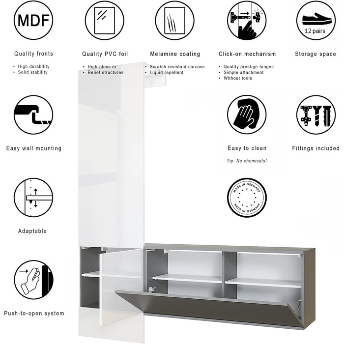 Вішалка для одягу Vladon Carlton Set 4, зроблено в Німеччині, настінна вішалка, що складається з декоративної панелі та підвісної