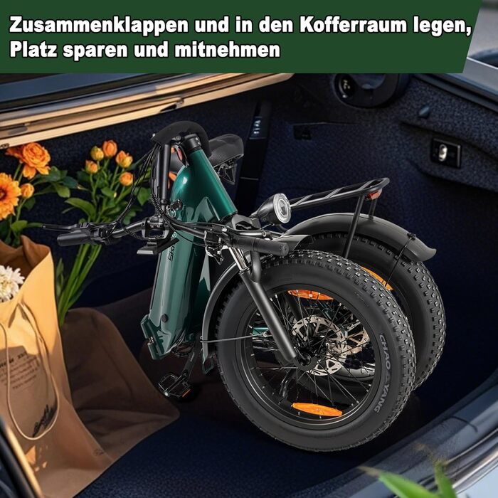 Дюймовий складаний електровелосипед, підходить для чоловіків та жінок, подвійні акумулятори 48 В 18 А*2 задній двигун 250 Вт, 80 Нм та 25 км/год, гідравлічні гальма, рама step-through, зелений електровелосипед/педелек для дорослих, 20-