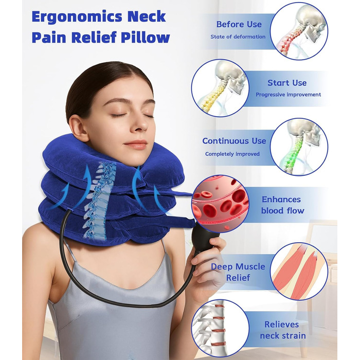Регульований носильник для шиї надувна подушка для шиї з маскою для сну, підтримка шиї для шийного відділу хребта та полегшення болю в шиї для подорожей, роботи та кемпінгу (синій) Синій 1