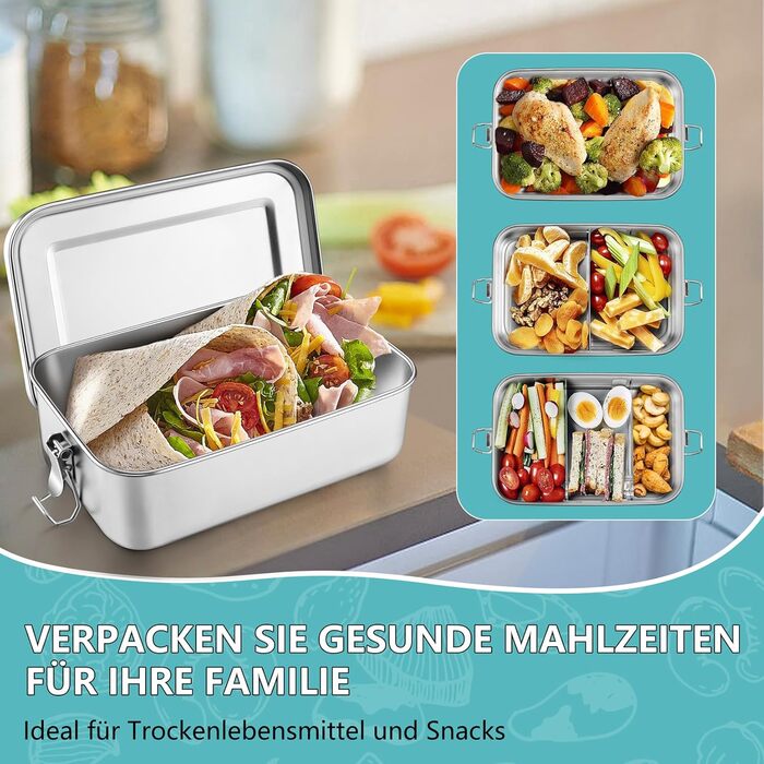 Ланчбокс Onader з роздільниками, нержавіюча сталь, бенто-бокс для дітей та дорослих, контейнер для перекусу знімною перегородкою для пікніка, школи та подорожей, герметичний та придатний для миття в посудомийній машині - 850 мл