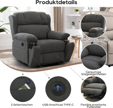 Електричне регульоване крісло для телевізора з функцією масажу, нахилу, вібрації, підігріву, прихованих тримачів для напоїв, портів Type-C та USB, крісло для телевізора для вітальні (сіре)