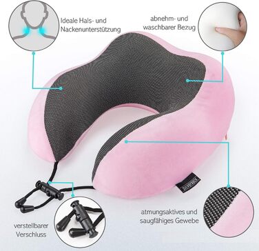 Рожевий Neck Pillow Adults - Neck Pillow Car - Travel Pillow Memory Foam - можна прати (оксамитово-м&39який і дихаючий) - Подушка для літака для спокійних подорожей