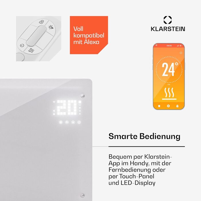 Електричний обігрівач Klarstein, конвекторний обігрівач потужністю 2500 Вт, окремостоячий та настінний, енергозберігаючий з керуванням через додаток та коліщатками, електричний радіатор з термостатом, 2500 Вт, білий