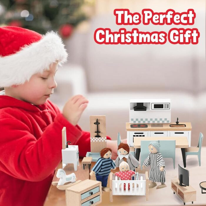 Набір меблів для лялькового будиночка "Гігантська квасоля", дерев&39яний, 36 предметів з 4 сімейними ляльками, аксесуари для ляльок, іграшка для хлопчиків, дівчаток та малюків від 3 років