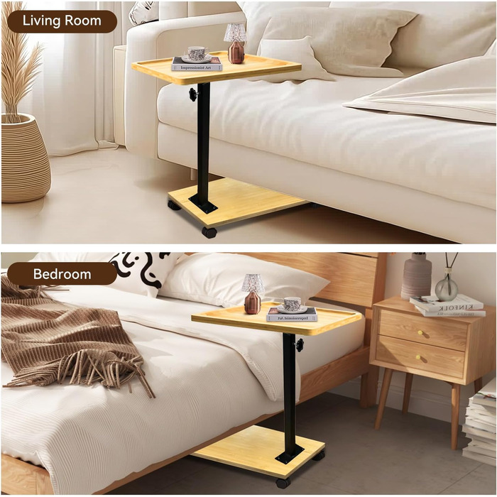 С-подібний журнальний столик, бамбук та метал, сучасний, регульований по висоті з колесами невеликий журнальний столик, тумбочка для ліжка, столик для дивана, тумбочка, туалетний столик для вітальні, спальні, ванної кімнати