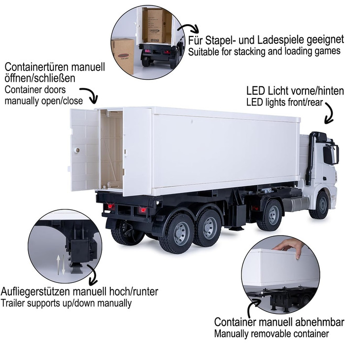 Радіокерований тягач Mercedes Benz Arocs 120, 2.4G, 2 швидкості, до 6 км/год, до 30 хв роботи, знімний напівпричіп та контейнер, двері відчиняються, 405148