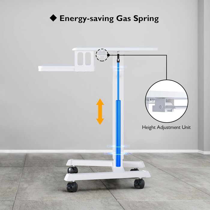 Стіл з регульованою висотою та підставкою для клавіатури, мобільний подіум, комп&39ютерна робоча станція до 15 кг, стіл для роботи з ноутбуком сидячи або стоячи на колесах, стіл з регульованою висотою для роботи стоячи, білий