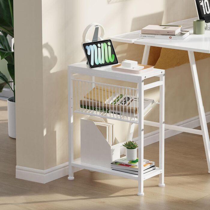 Вузький журнальний столик, маленький журнальний столик з 3 полицями, стійка для журналів, журнальний столик для вузьких приміщень, дротяна сітка, маленька тумбочка для ліжка, для вітальні, спальні, білий