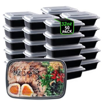 Контейнерів для приготування їжі, багаторазові, без бісфенолу А, з кришками, з міцного пластику, штабелюються, можна використовувати в мікрохвильовій печі, морозильній камері та мити в посудомийній машині (1000 мл/32 унції), 50