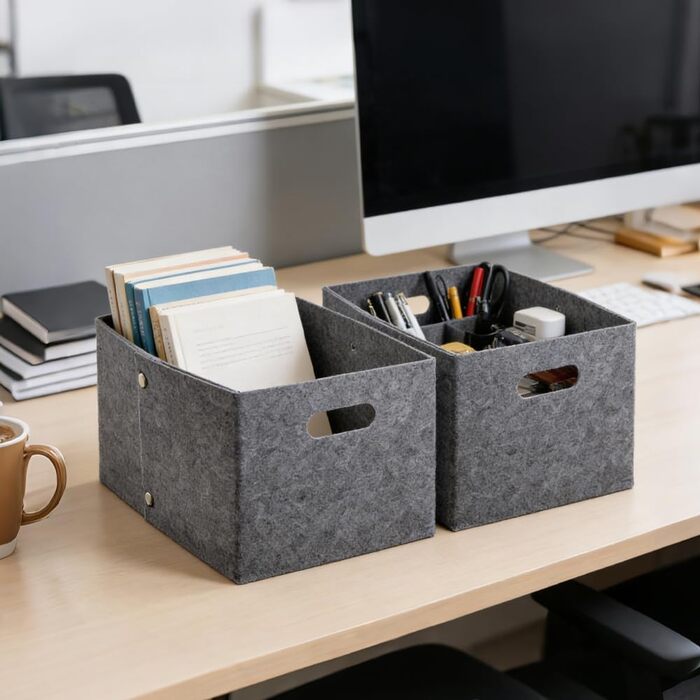 Міцних фетрових кошики сірого кольору, складна коробка-органайзер із застібками-кнопками та ручкою для перенесення, прямокутна коробка для зберігання з фетру, кошики для полиць, шаф, дому, офісу, 2