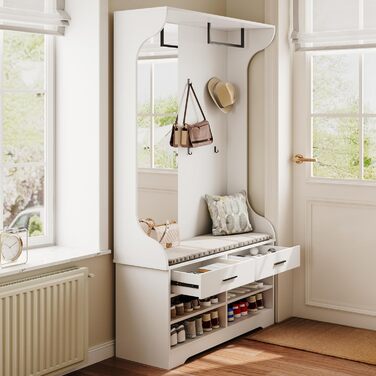 Вішалка для одягу з лавкою для взуття та дзеркалом, сучасна вішалка для одягу з гачками та підставкою для одягу, шафа для передпокою з функцією взуттєвої шафи та 2 шухлядами для вітальні (104x35x180 см)