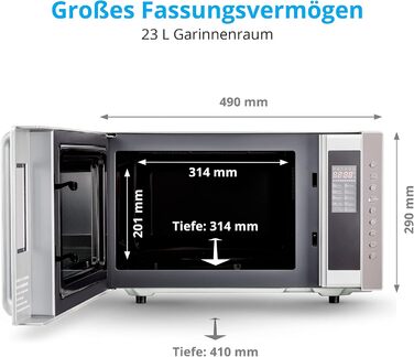 Мікрохвильова піч MEDION 3 в 1 з функцією гриля та гарячого повітря (23 літри, потужність 800 Вт, верхній гриль/потужність гарячого повітря 1200 Вт, окремо стояча, MD17495) срібло