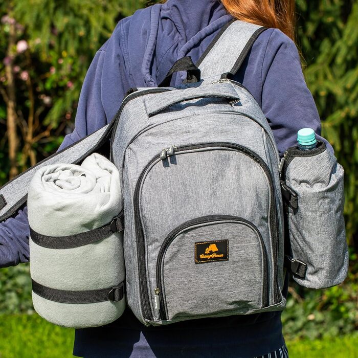 Рюкзак для пікніка CampFeuer з 32 предметів Набір для пікніка для 4 осіб Сірий з тримачем для пляшок, ковдрою для пікніка, відділенням для холодильника та посудом для кемпінгу Рюкзак для відпочинку, рюкзак для кемпінгу