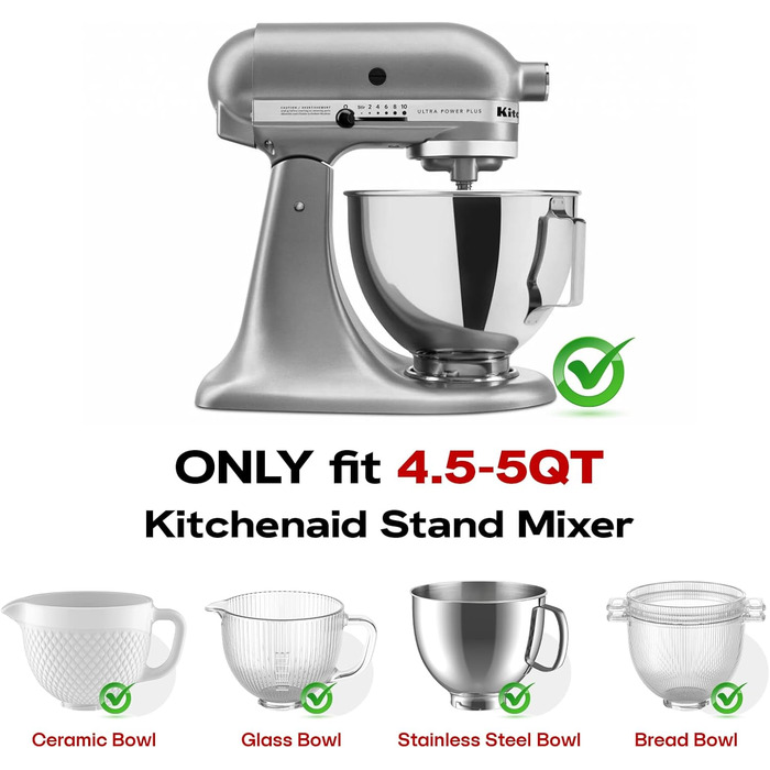 Протектор GVODE Pourer для міксера KitchenAid на 4.5 і 5 кварт з нахиленою головкою, прозорим захистом від бризок, ідеально підходить для миски з нержавіючої сталі KitchenAid, скляної та керамічної миски, можна мити в посудомийній машині