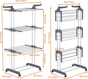 Сушарка для білизни HOMIDEC Сушарка для білизни на коліщатках, компактна - з 6 відкидними крилами і 2 обертовими бічними крилами,