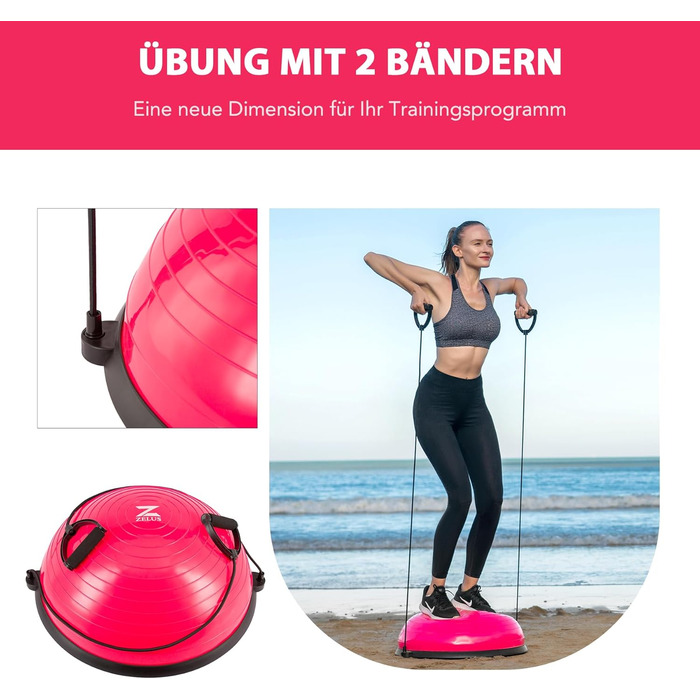 Тренажер для балансування ZELUS, протиковзкий балансувальний м&39яч, напівсфера з еспандерами, гімнастичний м&39яч для йоги, фітнесу, силових тренувань, тренування корпусу, тренування балансу, рожевий