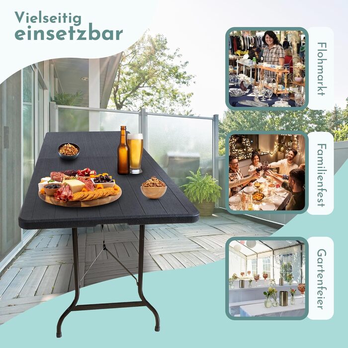 Розкладний стіл Lemodo 180 x 75 см Складаний садовий та фуршетний стіл до 150 кг, міцний стіл для вечірок з всепогодного чорного дерева, компактне зберігання у вигляді валізи з ручкою для перенесення, дерево/чорний