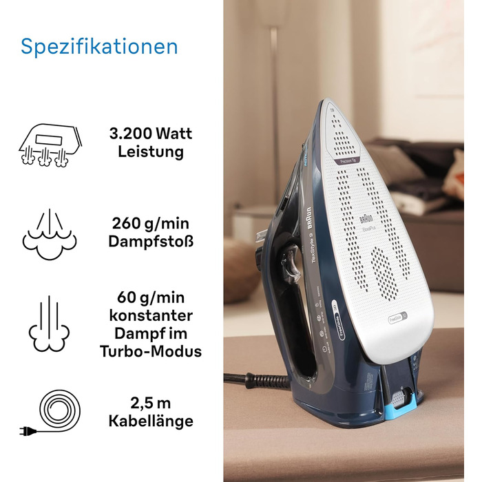 Парова праска Braun TexStyle 9 SI9682 DB з технологією FreeGlide 3D, вертикальна подача пари, функція захисту від крапель, функція