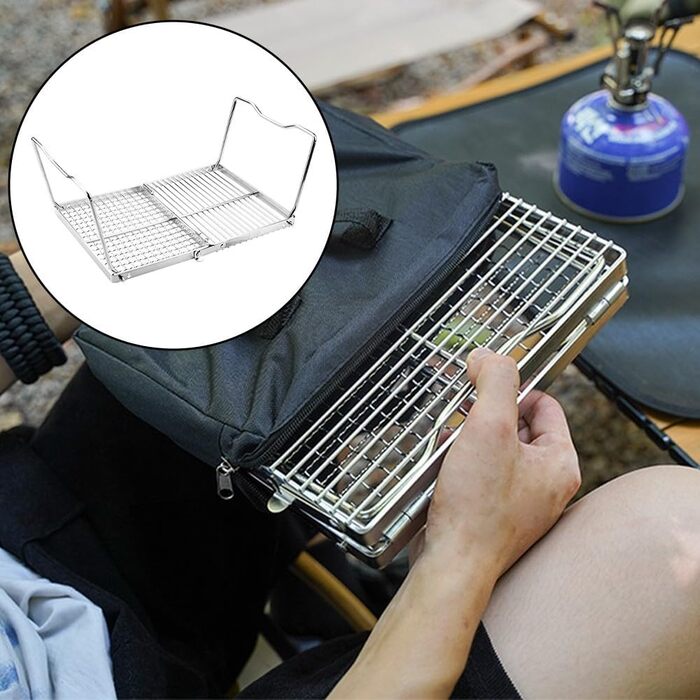 Складана стійка для гриля з нержавіючої сталі DAZZLEEX для кемпінгу, портативна, на відкритому повітрі, для багаття, підставка для гриля, складна стійка для зберігання, кемпінговий гриль, для приготування їжі на пляжі, походів, пікніків